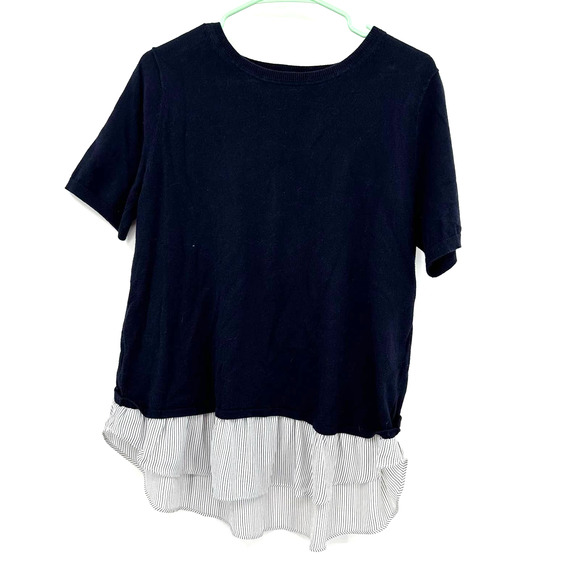 Loft size LP large short sleeve‎ blouse blue sweater with striped detail lower - Picture 1 of 4